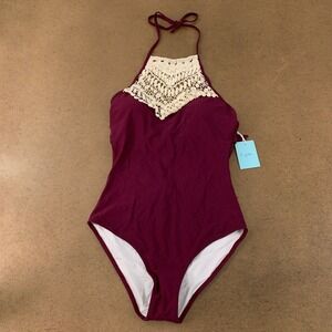 Cupshe Women's Size Small Broken Wine Crochet Halter One-Piece Swimsuit NWT